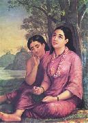 Raja Ravi Varma Shakuntala writes to Dushyanta. oil